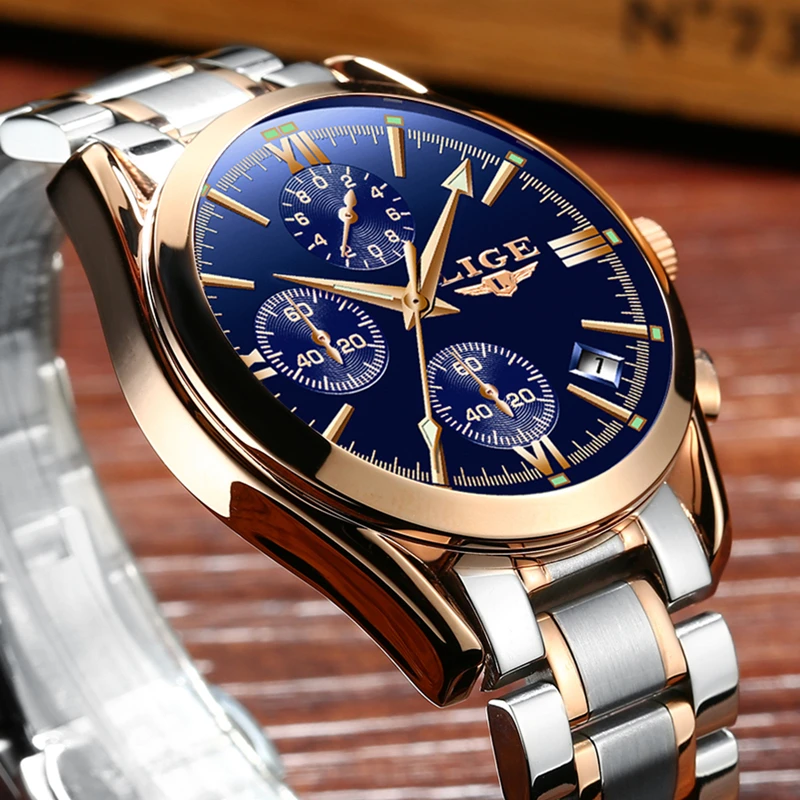 LIGE Mens Watches Top Brand Luxury Military Sport Watch Men Stainless Steel Waterproof Clock Quartz Watch Relogio Masculino+Box