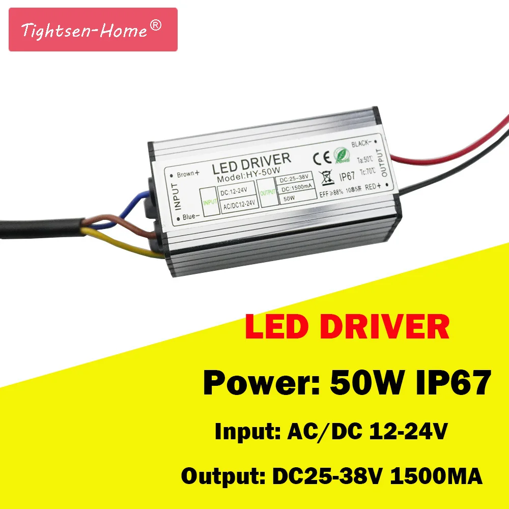 50W Waterproof IP67 LED Driver AC/ DC 12V/24V 1500MA Power Supply Adapter for AC DC 12-24 TO 25-38V LED strip Light Transformer