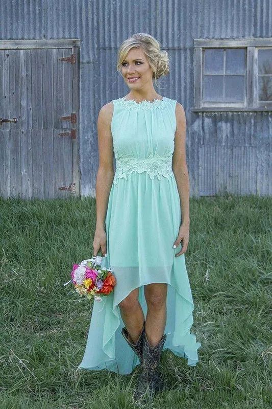 

Mint Green Bridesmaid Dresses For Women A-line Chiffon Lace Hi Low Long Cheap Under 50 Wedding Party Dresses