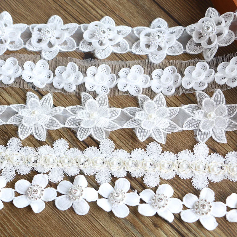 5CM 1 yards Pearl Flower Leaf Handmade Beaded Embroidered Lace  Trim Ribbon Applique Wedding DIY Garment Sewing Accessories