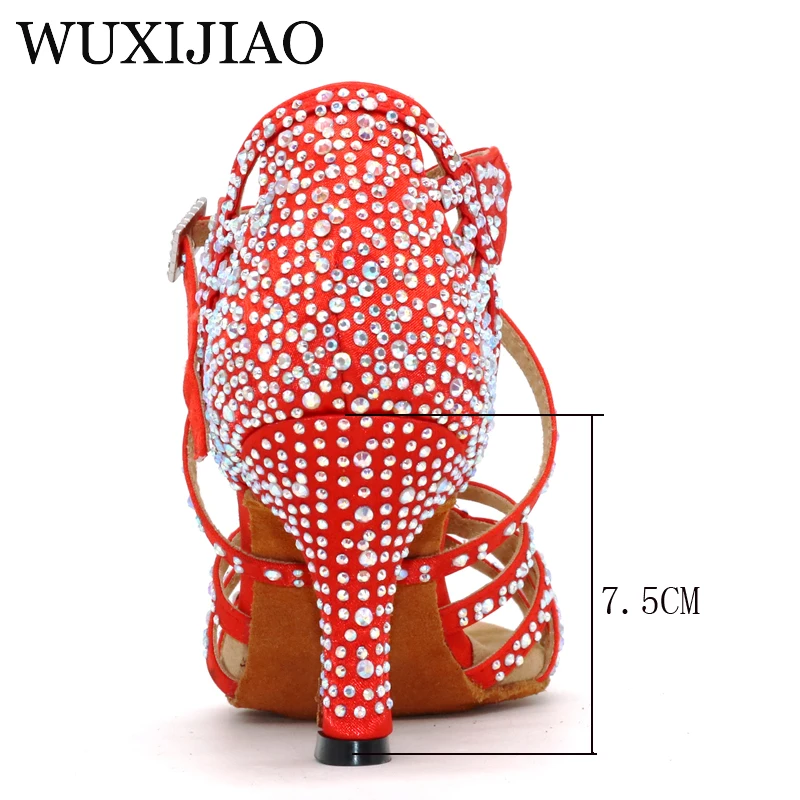 WUXIJIAO Latin dance shoes big small rhinestone bright Red blue satin Women Salsa dance shoes wedding party shoes Flare 7.5cm