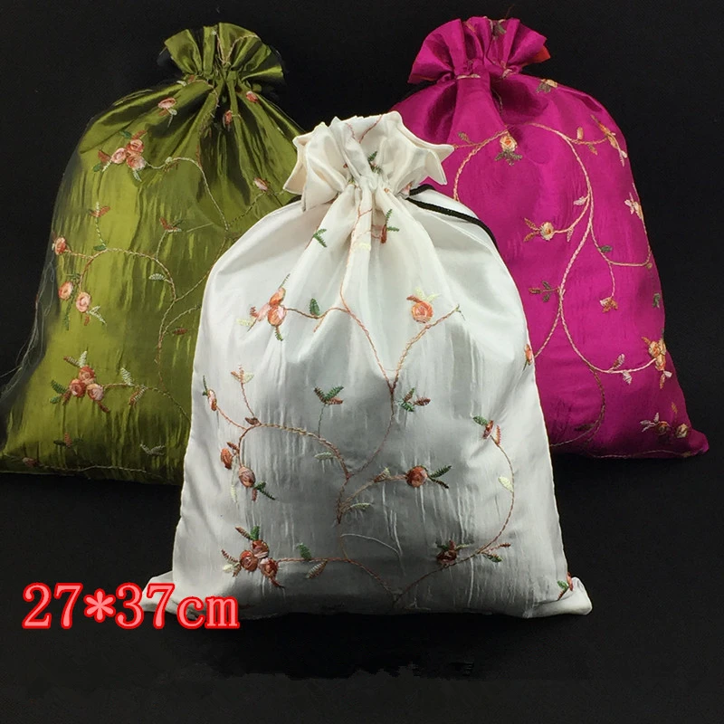 10pcs Embroidery Fruit Drawstring Large Gift Bags Wedding Party Christmas Pouches Reusable Satin Cloth Dust Cover with lined