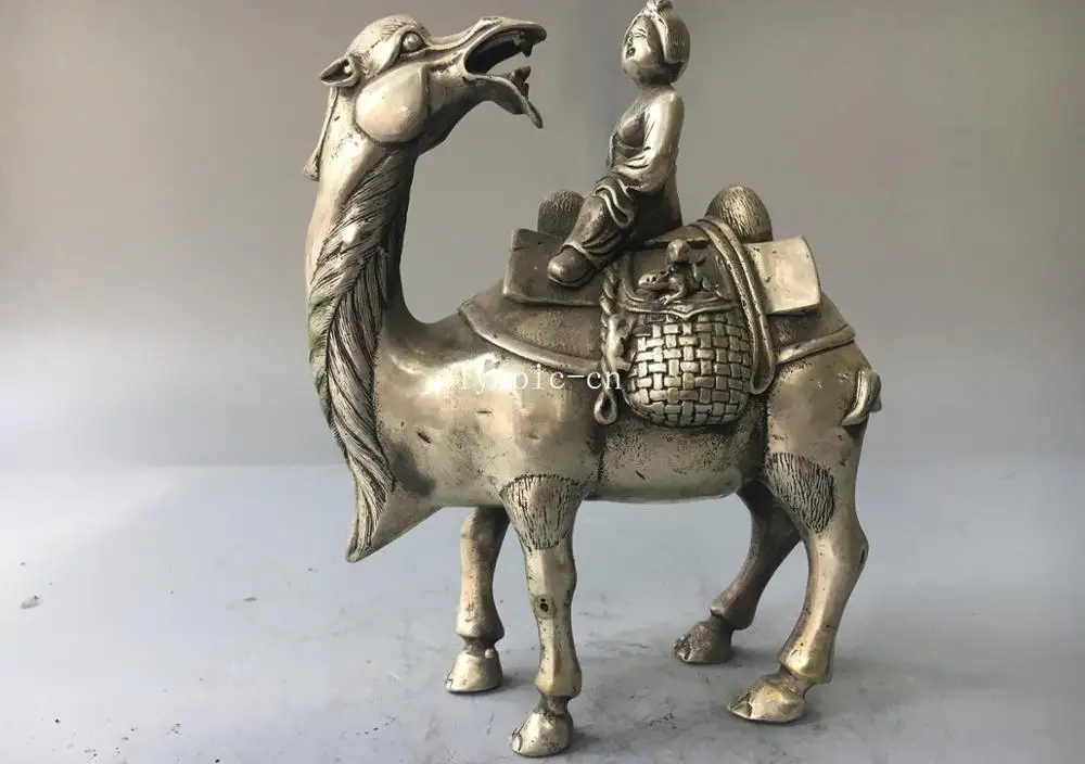 9'' tibetan bronze silver carved a women ride a camel statue