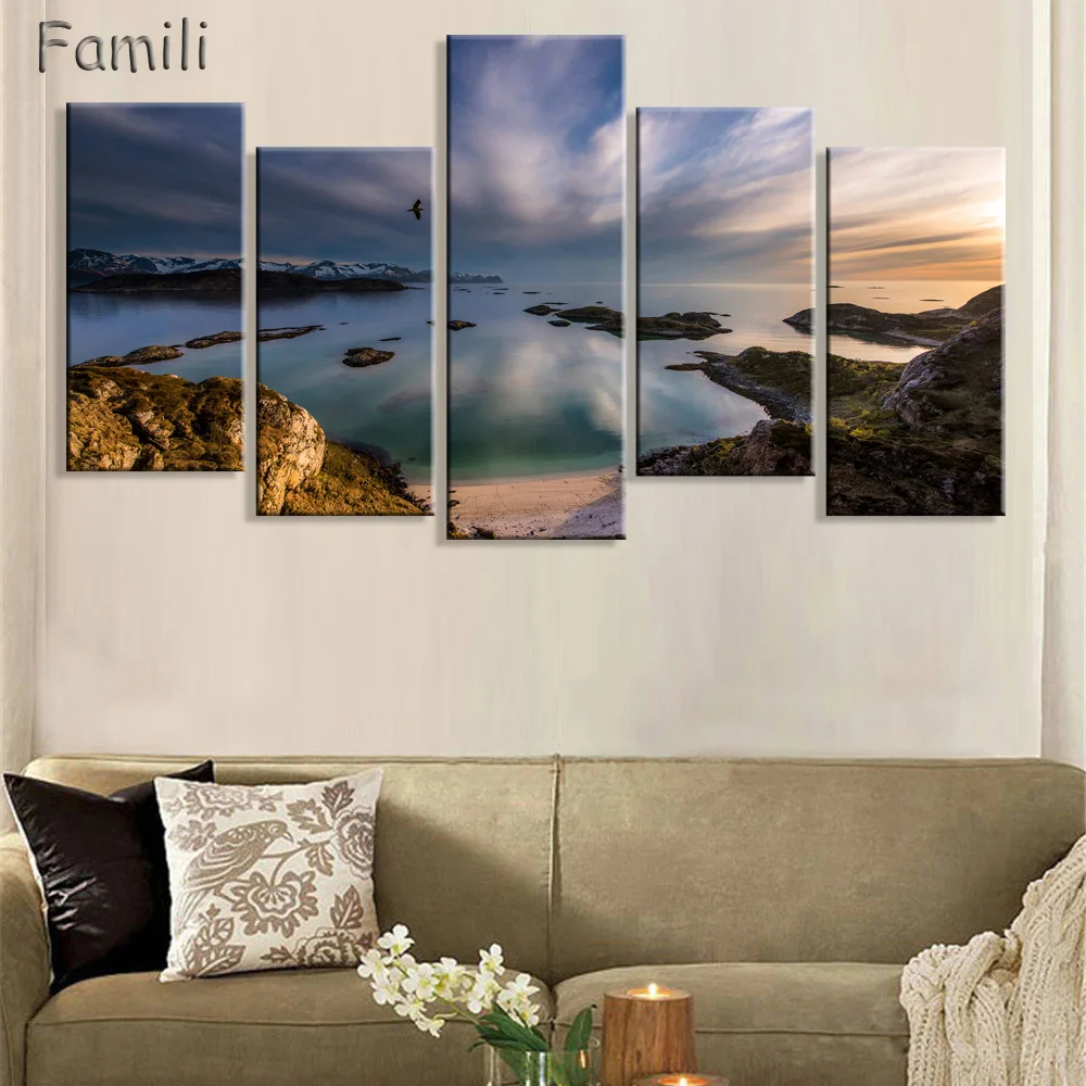 5Panel norway lofoten islands mountains rocks snow bay nature landscape living room home wall art decor wood frame fabric poster