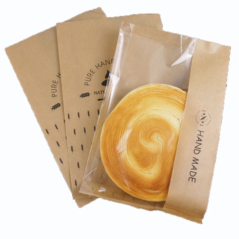 Handmade Bread Kraft Paper Bag, Window-Open Bag, Bakery Packaging Bag, Various Record Bread, Western Style, 16x24cm, 20Pcs