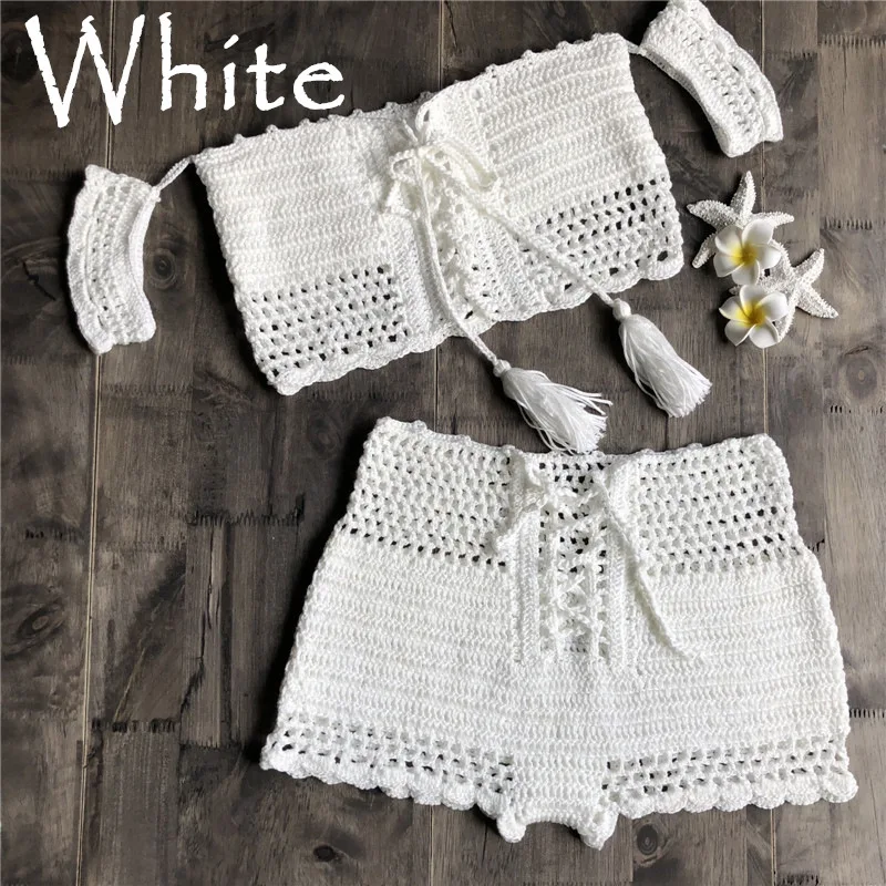 New Fashion Beach Bikini Set Knitting Swimwear Crochet Bohemia Style Off Shoulder Bath Handmade Brushes Sexy Bikini Bh