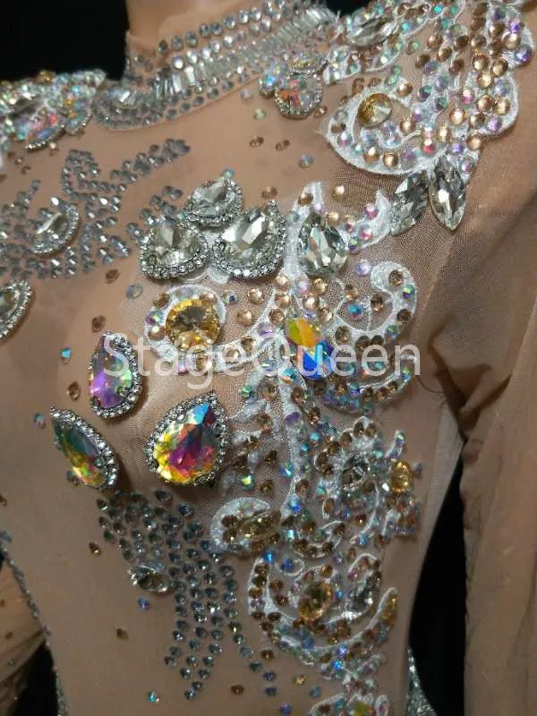 Mode brillant gros cristaux maille body brillant strass chaînes franges tenue discothèque fête porter voir à travers Costume