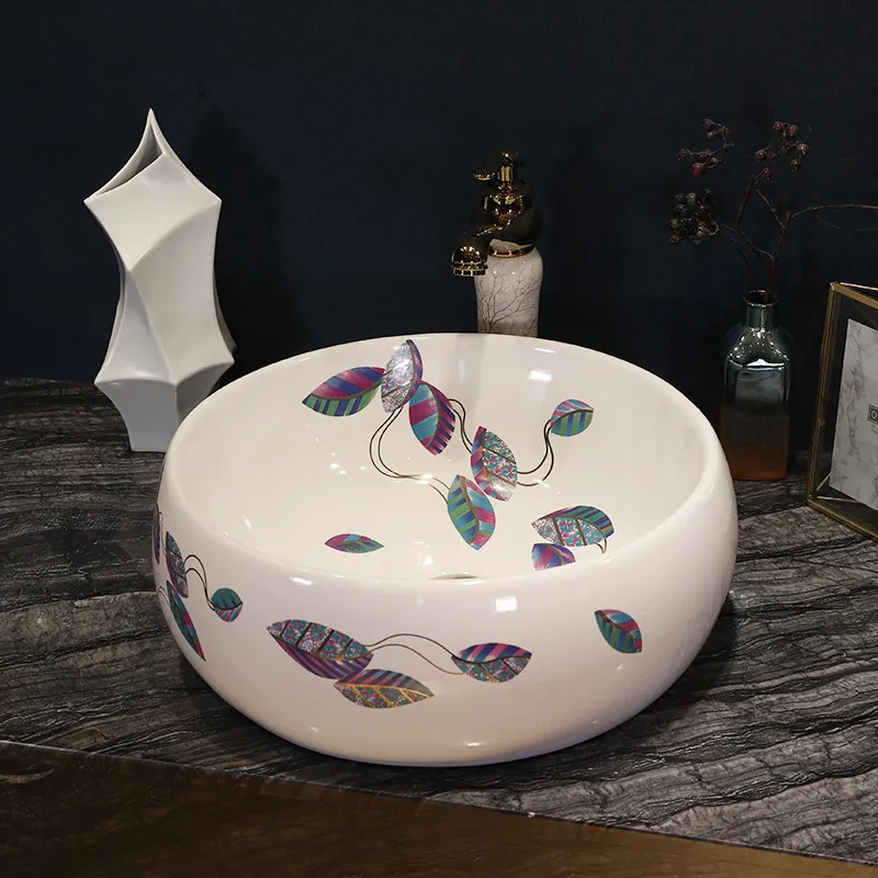 

Round China Painting leaf Ceramic Painting Art Ceramic wash basin Bathroom Sink counter top porcelain sink