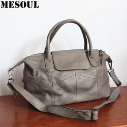 MESOUL Brand Casual Tote Women Portable Shoulder Bag Female Genuine Leather Boston Handbags High Quality Gray Crossbody Bags