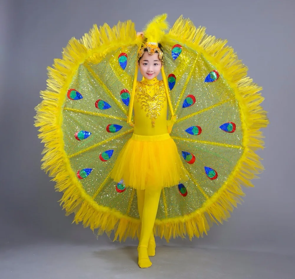 2019 Cute Girls Peacock Dance Dress Children Performance Costumes Girl Dancewear Halloween Party Costumes with Headwear&Tail