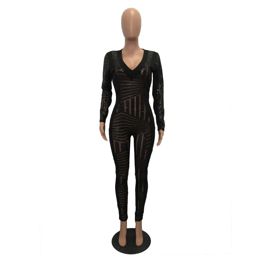 Sequined See-Through Slim One-Piece Suits Bodycon Bandage Jumpsuits Black apricot Sexy Playsuit Fashion Women Jumpsuis