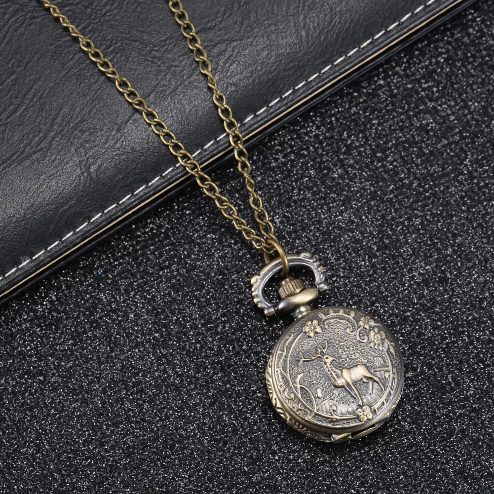 Fashion Vintage Retro Quartz Pocket Watch Alloy Deer Carving Sweater Chain Necklace Pendant Clock Gifts LL@17