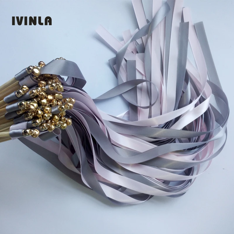 50pcs/lot  pink and grey wedding wands stick with gold bell ribbon Twirling Streamers for wedding decoration