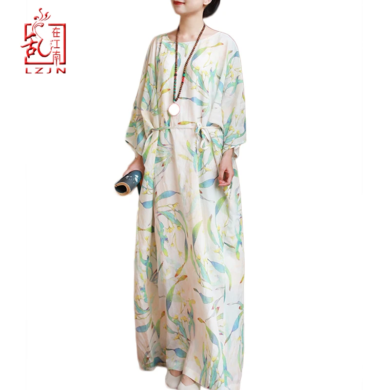 

LZJN 2020 Women Summer Dress Boho Printing Batwing Sleeve Loose Kaftan Dresses Plus Size O Neck Female Maxi Casual Vestidos