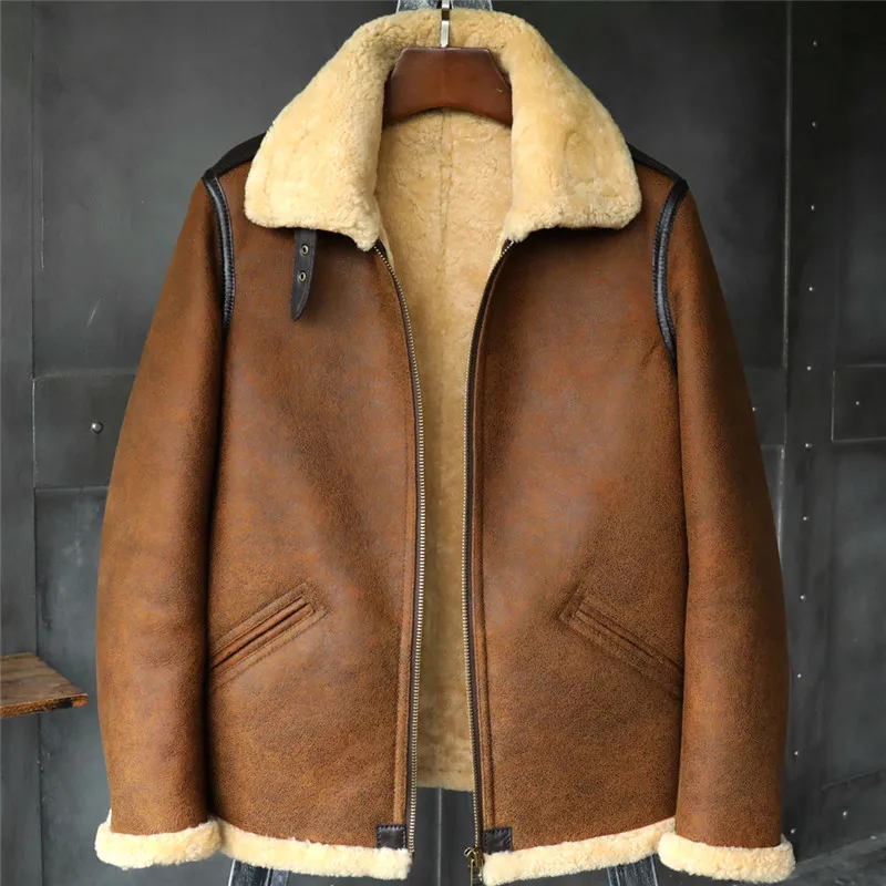 

B3 Men's Shearling Jacket Flight Jacket Short Fur Leather Jacket Imported Wool From Australia Mans Sheepskin Aviator Fur Coat