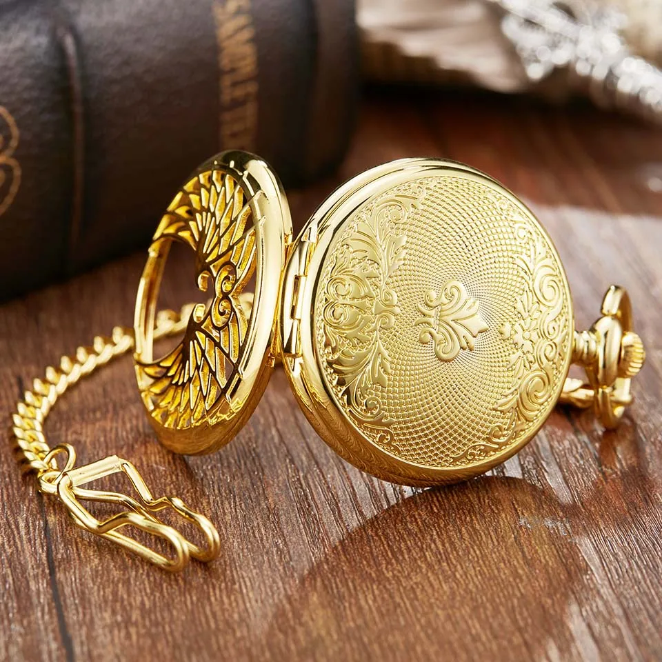 Luxury Mechanical Pocket Watch with Chain Angel Wings Hollow Hand Winding Pendant Clock Men Women Lover Flip Fob Watches