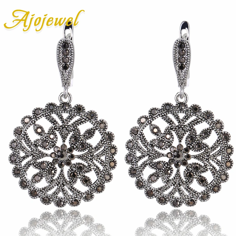 Ajojewel Big Round Earring For Women High Quality Black Crystal Rhinestone Flower Ear Drop Fashion Jewellery