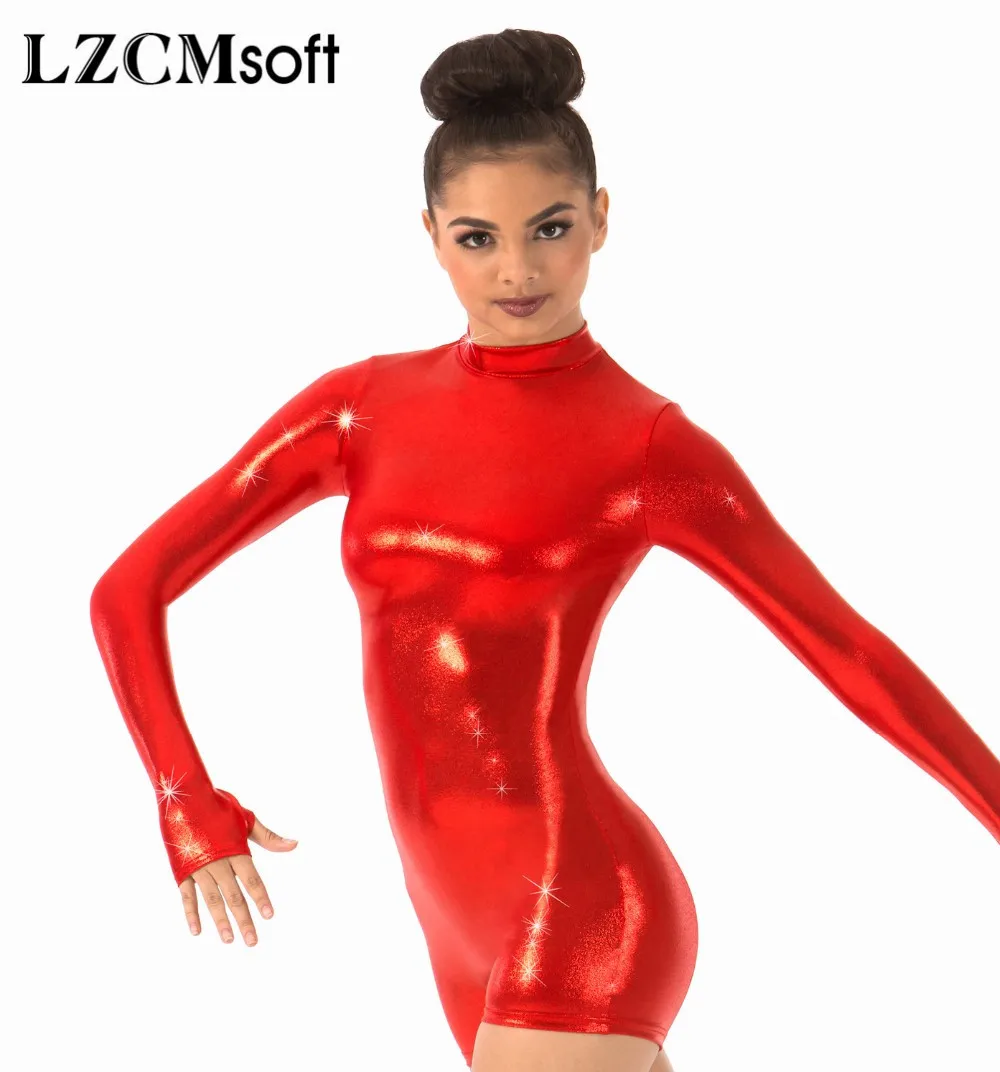 LZCMsoft Shiny MetallicแขนยาวBiketards One Piece Wet Look Bodysuits Mockคอผู้หญิงยิมนาสติกStageเครื่องแต่งกายประสิทธิภาพ