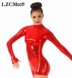 LZCMsoft Shiny Metallic Long Sleeve Biketards One Piece Wet Look Bodysuits Mock Neck Women Gymnastics Stage Performance Costumes