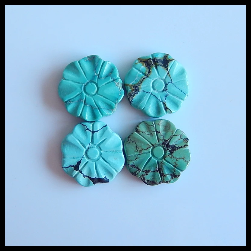

4 PCS Carved Flower Natural stone Turquoise Semiprecious jewelry pendan necklace cabochons Beads 13x3mm,3.4g