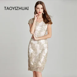 Plus size brand V-neck embroidered dress for spring and summer, new versatile bag hip flower shaped evening dress