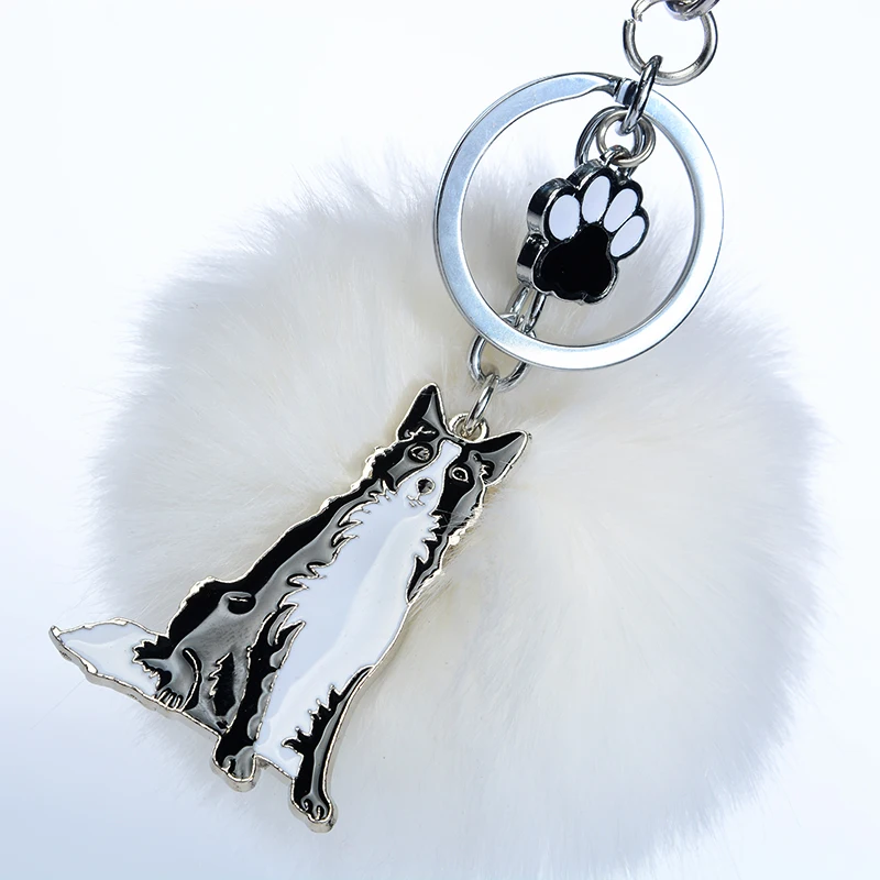 Rabbit Fur Pompom Border Collie Key Chains For Women Men Alloy Pom Pom Ball Dog Pendant Bag Charm Keyring Car Keychain Key Ring