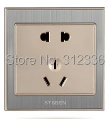 

free shipping international standard 5 Holes Socket Wall Outlet Power champagne gold color socket popular Stainless drawbench