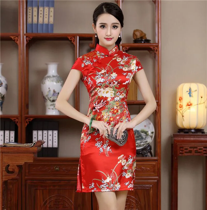 Summer Sexy Mini Cheongsam New Arrival Fashion Red Chinese Womens Rayou Qipao Party Dress Mujer Vestido Flower Size S M L XL XXL