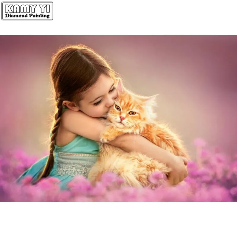 

Full Round Diamond 5D DIY Diamond Painting Embroidery Cross stitch Girl holding cat Rhinestone Mosaic Painting Decor Gifts