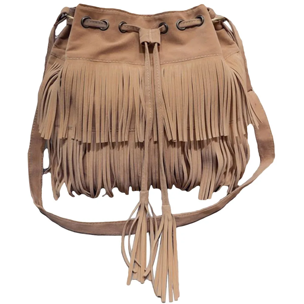 Torba kobiety 2020 torebka kobiety jednolity kolor Fringe frędzle sznurek Crossbody ramię Suede wiadro torby torby dla kobiet 2020