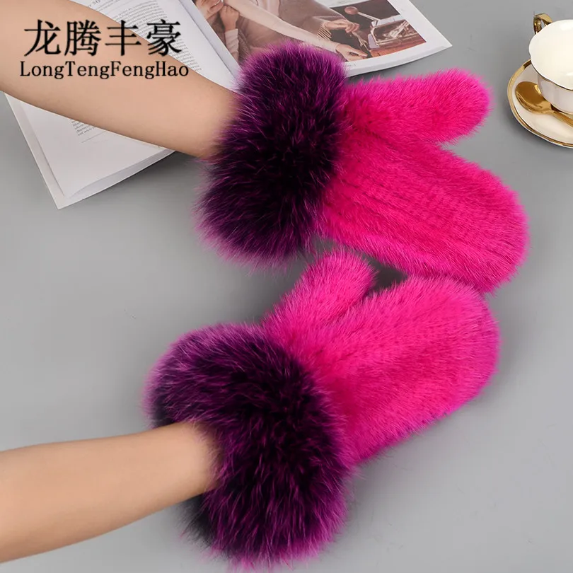 Mink Fur Knitted Ladies Mittens With Fox Fur Warm Fingerless Gloves Winter Women'S Mittens Fox Fur Gloves Free Shipping