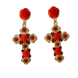 Fashion Exaggerated Classic Vintage Baroque Red Flowers Cross Drop Earrings Long Vintage for Women Jewelry Accessories