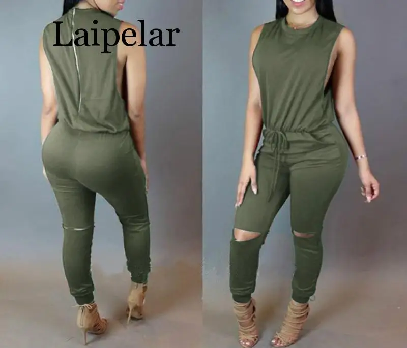 

Women hole sleeveless bandage lace up jumpsuit Casual Rompers overalls for female women o-neck zipper jumpsuits women suits