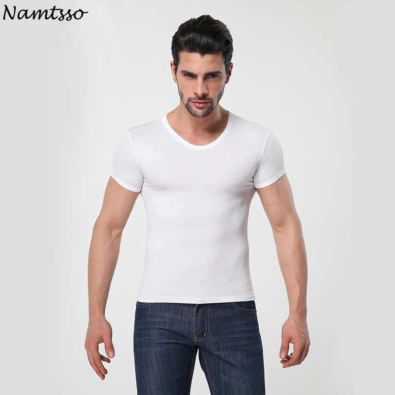 Ropa interior MODAL de color sólido para hombre, ropa ajustada de manga corta, transpirable, con cuello redondo