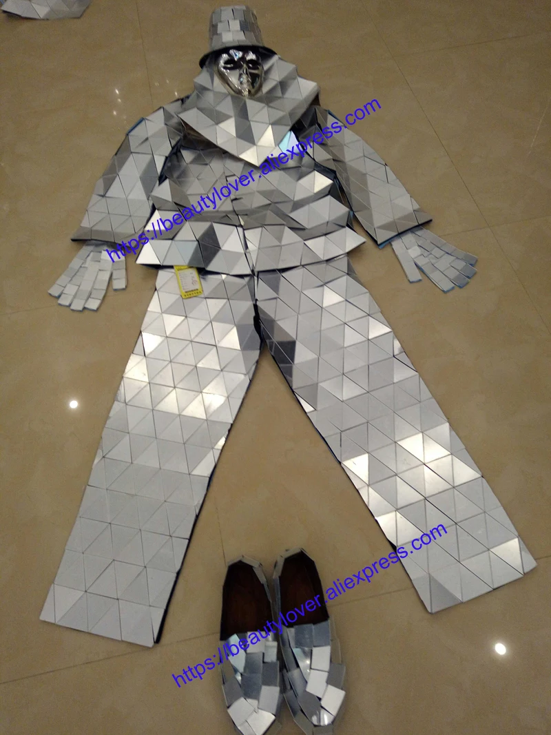 Silver Mirror suit Catwalk Show Stage wear Ballroom dance Costume Clothes Party Performance DJ outfits bar jacket mask hat shoes