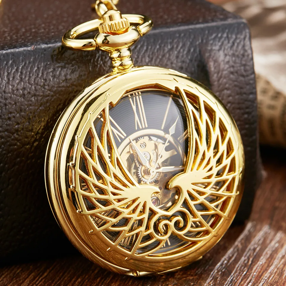 Luxus goldene Liebe Flügel mechanische Taschenuhr Anhänger Kette einzigartige hohle Design Skelett Doppelseite Handwind mechanische Uhr