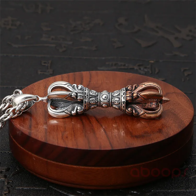 Bicolor 925 Sterling Silver Buddhist Vajra Dorje Pendant for Men Women,Free Shipping