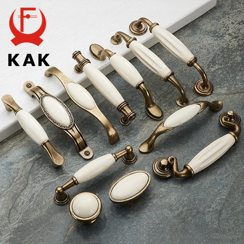 KAK Antique Bronze Ceramic White Cabinet Handles Zinc Alloy Drawer knobs Wardrobe Door Handle Simple European Furniture Hardware