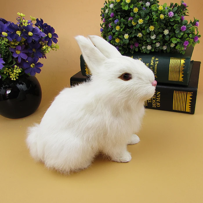 real fur rabbit about 17x15cm white squatting rabbit model ornament decoration gift h1315