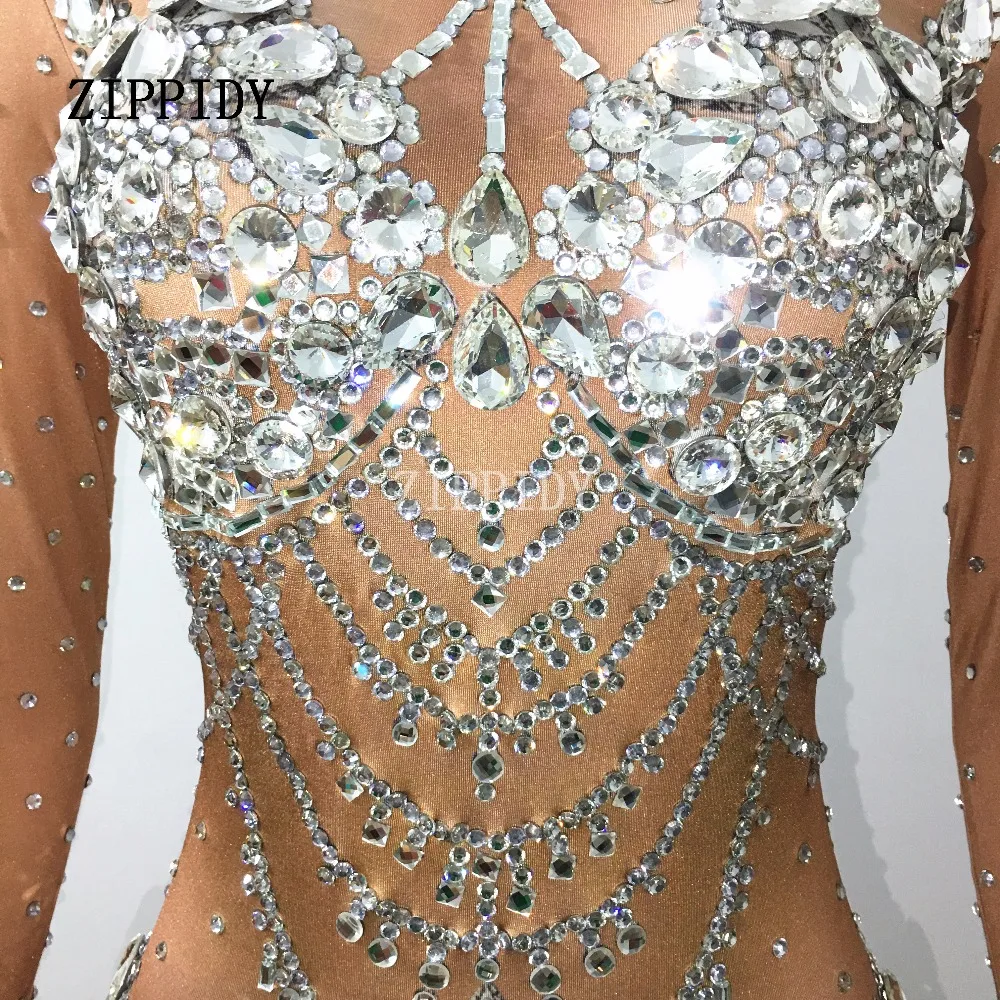 New Glisten Crystals Jumpsuit Costume Bling Big Stones Rompers Women Outfit Diamonds Bodysuit Birthday Celebrate Occasion Wear