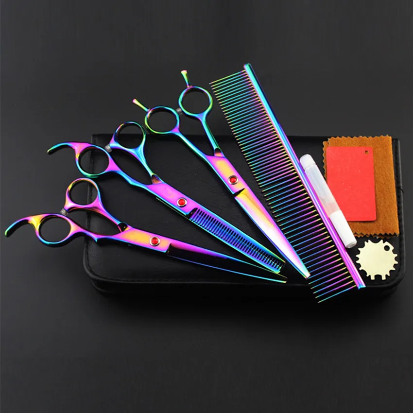 

4 kit 7 '' rainbow pet grooming hair cutting scissors dog sissors comb thinning barber haircutting shears hairdressing scissors