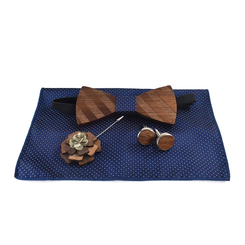 Set di cravatte in legno con motivo a strisce 3D gemelli Boutonniere fazzoletto Business Butterfly cravatta cravatte per uomo