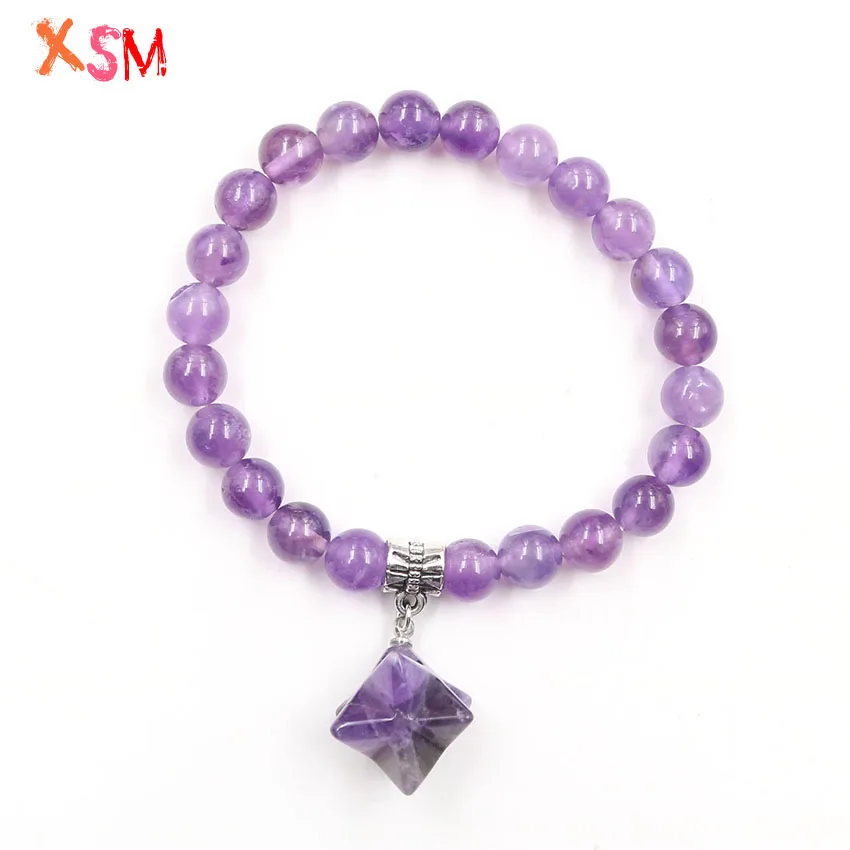 

8mm Round Beads Merkaba Bracelets Natural Amethysts Rock Crystal Elastic Bangles Reiki Charms Handmade Jewelry for Women 1 Pcs