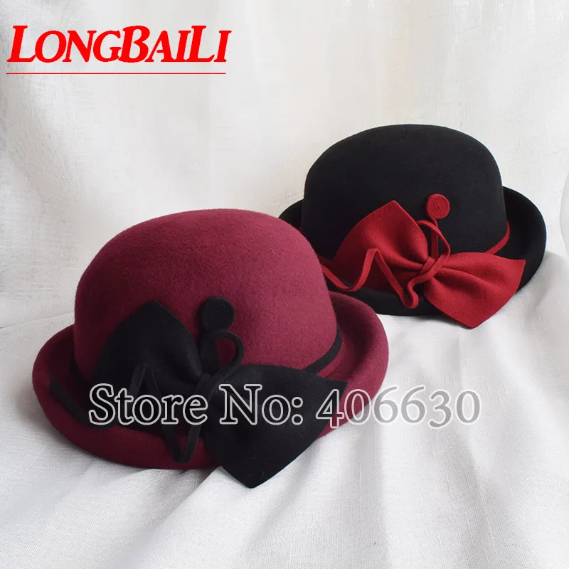 Novelty Women Wool Felt Fedoras Hats Elegant Bow Bowler Caps Derby Chapeu Feminino Free Shipping SWDW005