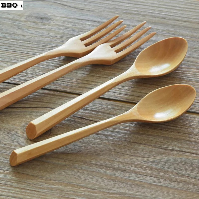 New 4 pcs 7.5'' 19cm Beech Wooden Dinnerspoon fork set Coffee Tea Dessert Cake Teaspoon Forks Wood Cutlery Dinnerware Set  Kids