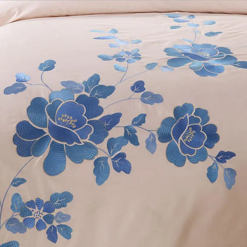 Blue Rose Oriental Embroidery Bedding set King Queen size 4pcs Solid Color Bedclothes Duvet Cover Bedsheet Pillowcases Cotton