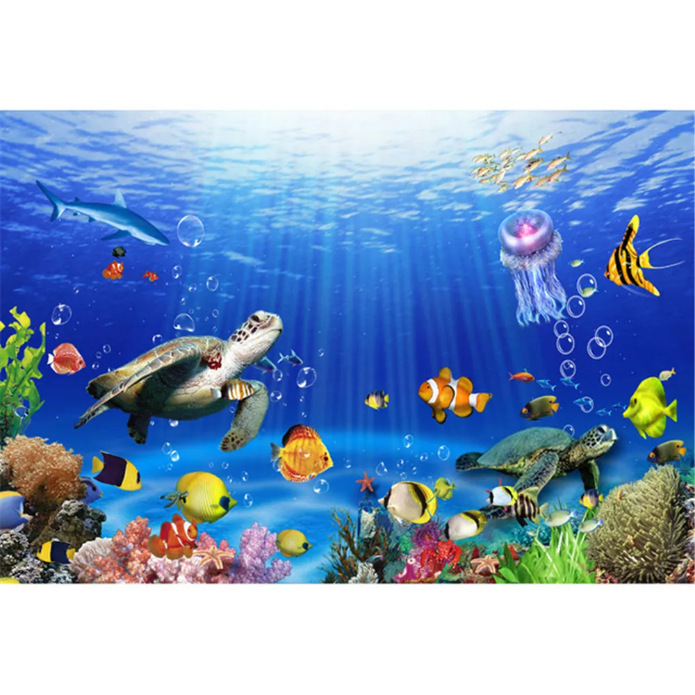 

Kids Cartoon Photography Background Printed Fishes Turtles Under the Sea Sunshine Through Blue Ocean Children Party Backdrops