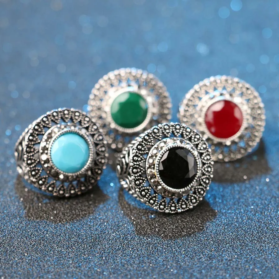 Hot Sale Vintage Red Green Ring Black Crystal Hollow Tree Pattern Rings For Women Tibetan Silver Jewelry Free Shipping