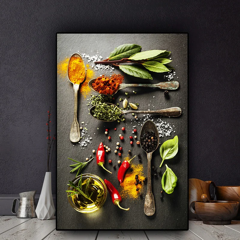 

Kitchen Canvas Painting, Grains, Spices, Spoon, Peppers, Scandinavian Posters and Prints, Wall Art, Food Picture, Living Room