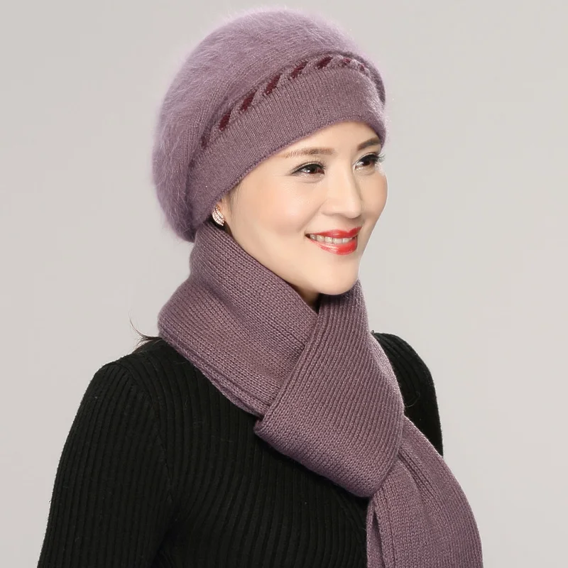 Middle-aged Female Rabbit Wool Hat Women Winter Warm Mother Grandmother Scarf Lady Elegant Fashion Fur Beanies Knit Hats H7153